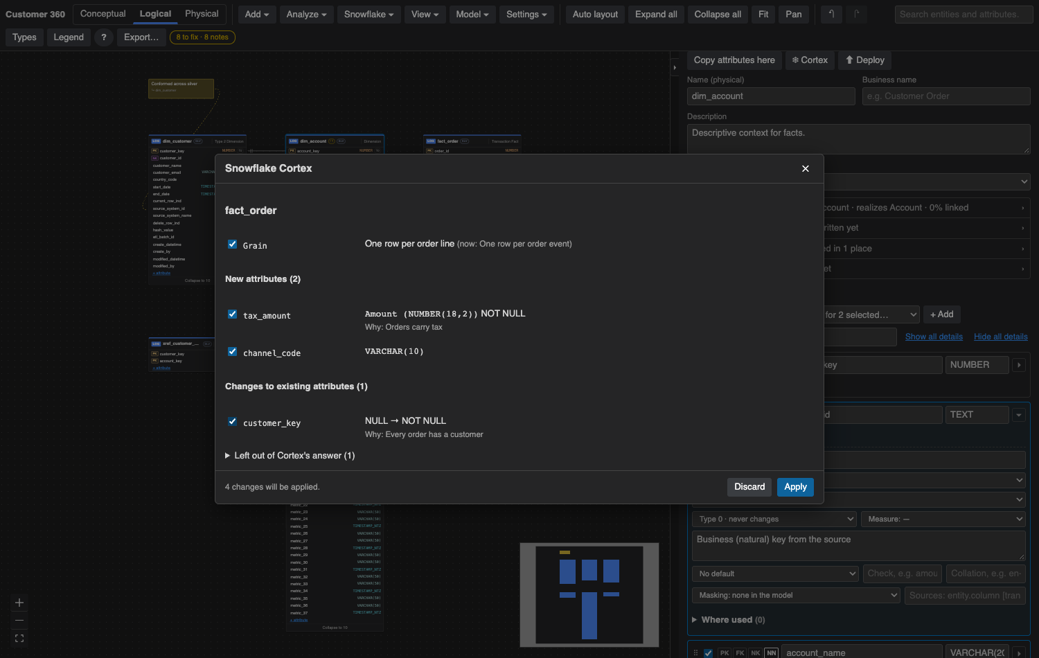 Cortex suggestions for fact_order: change the grain to one row per order line, add tax_amount and channel_code, make customer_key NOT NULL