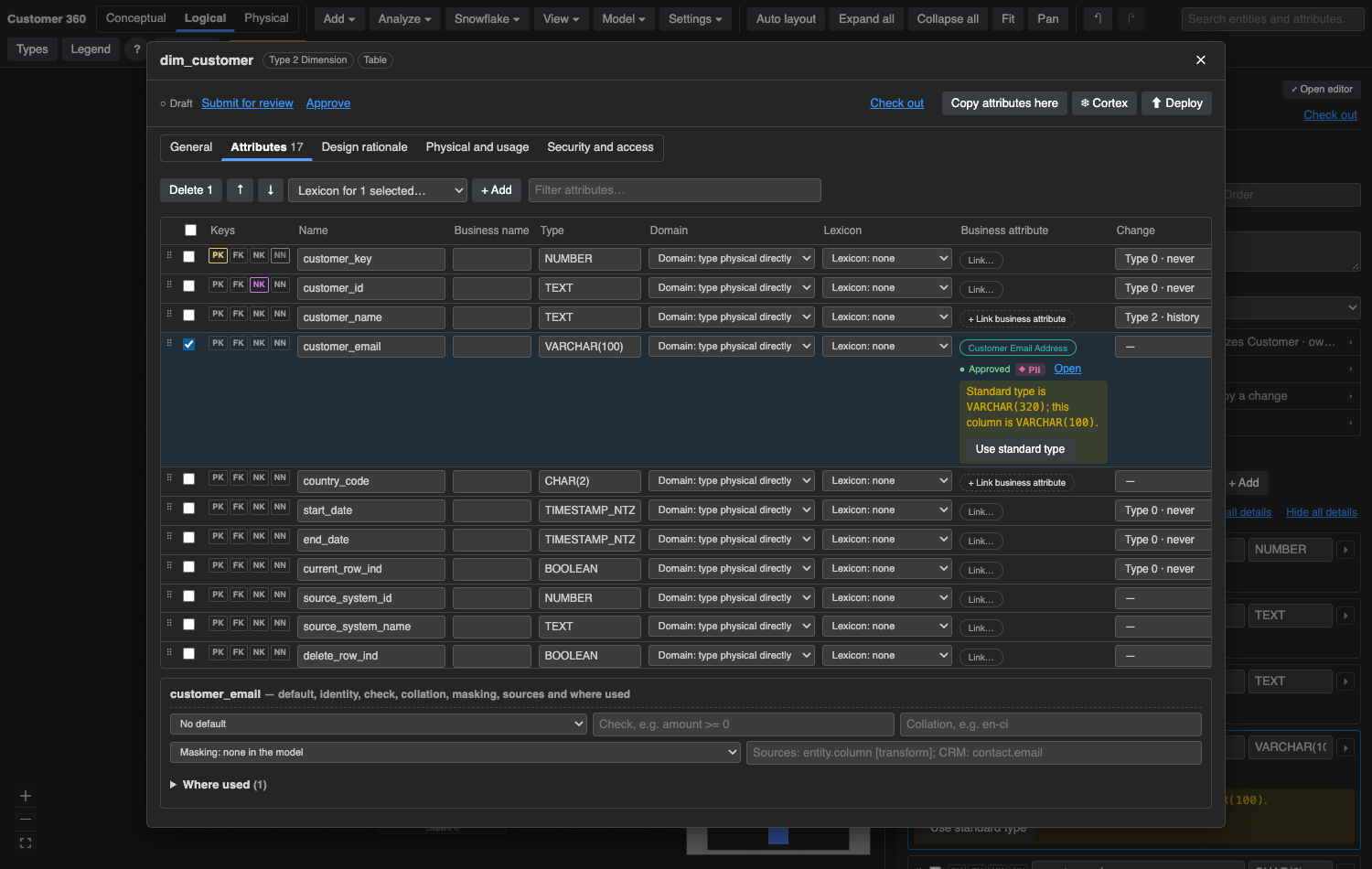 The entity editor's Attributes tab for dim_customer, with keys, types, domains, lexicons, business attributes and change handling per column