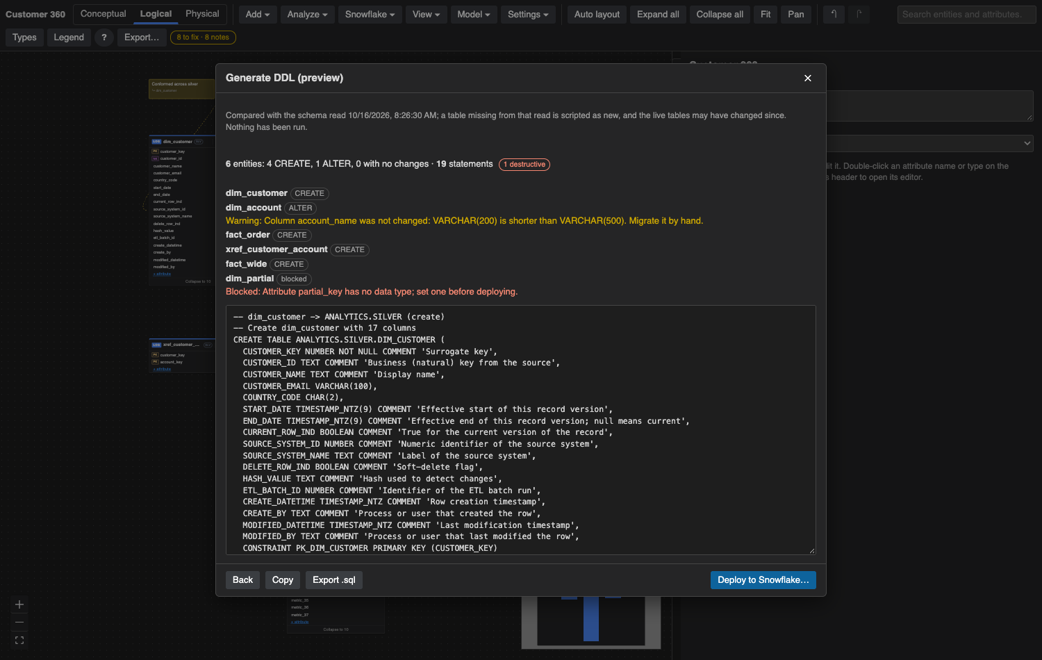 Generate DDL preview: 4 CREATE, 1 ALTER, 1 destructive statement, a warning about a shorter VARCHAR and a blocked entity